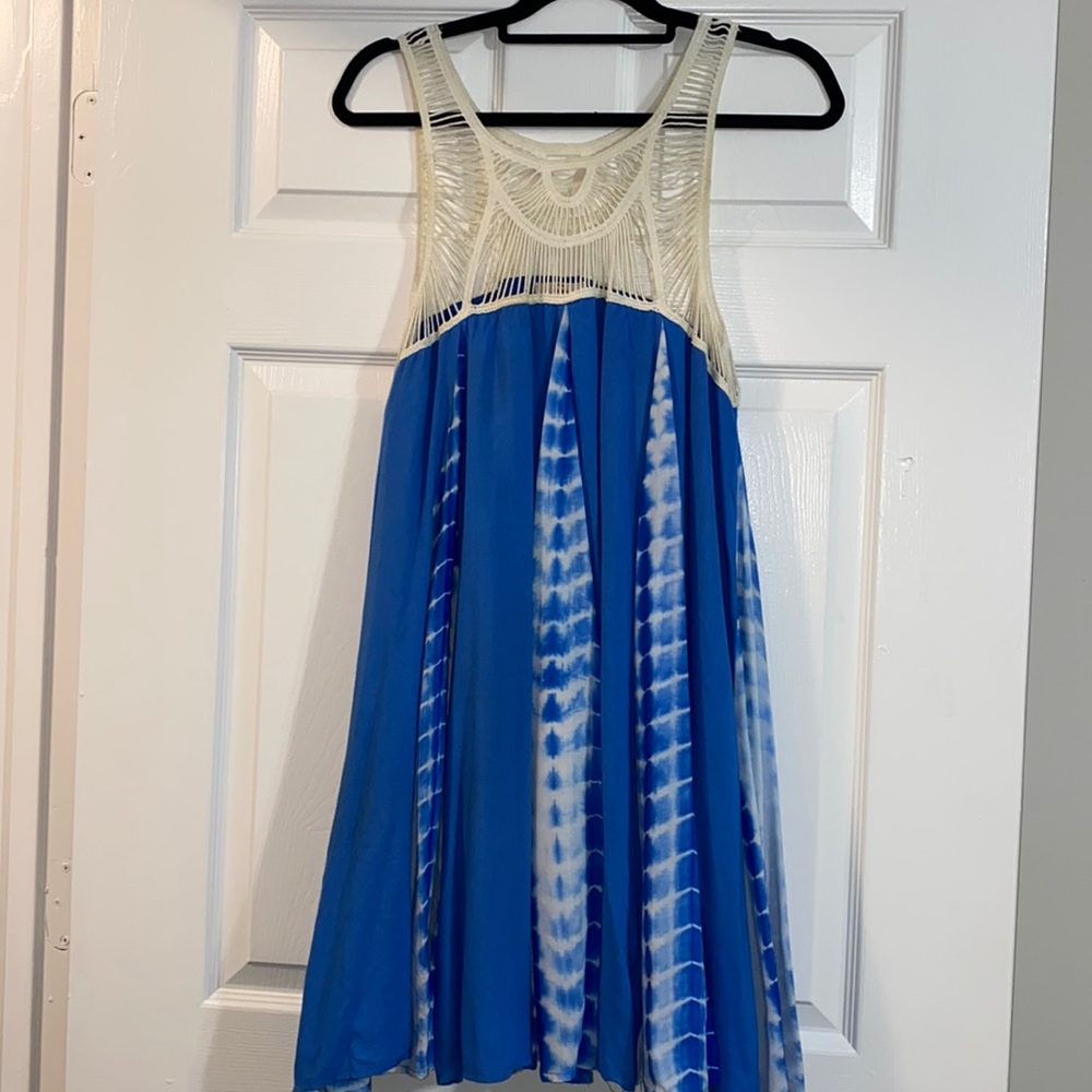 Entro Blue Tie-Die Mini Dress with Crochet Neck size L